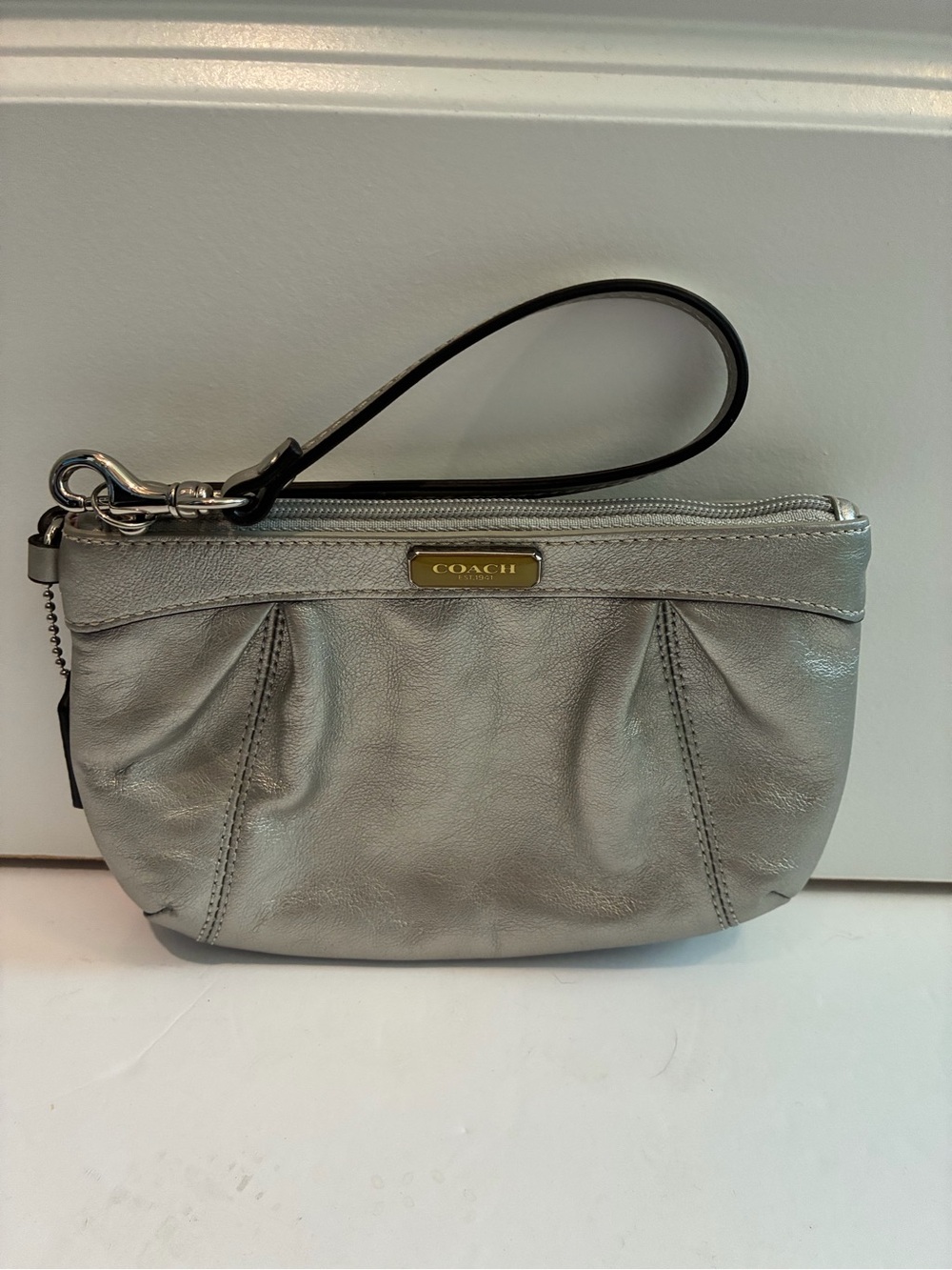 Coach Metallic Silver Leather Wristlet Clutch